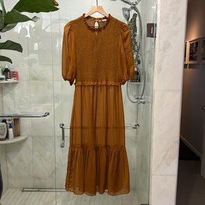 12, Nanette Lepore mustard/brown sheer dress